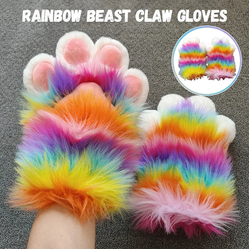 Rainbow Furry Cat Claw Gloves Plush Beast Paws Mittens Halloween Party Cosplay Costumes