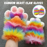 Rainbow Furry Cat Claw Gloves Plush Beast Paws Mittens Halloween Party Cosplay Costumes