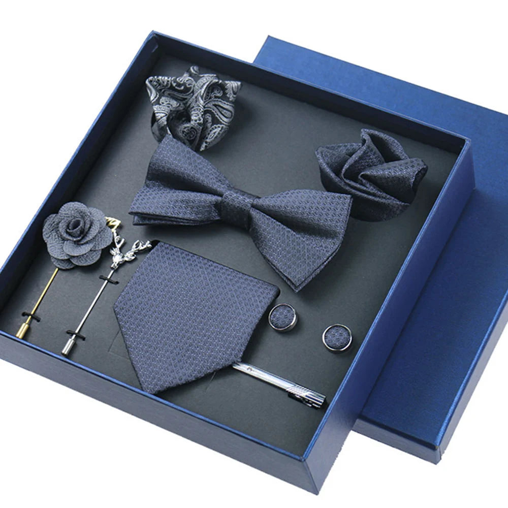 Men's 8pcs Tie Set Wedding Cravat Silk Bowtie Pocket Square Cufflinks Brooch Box Set Gifts For Men