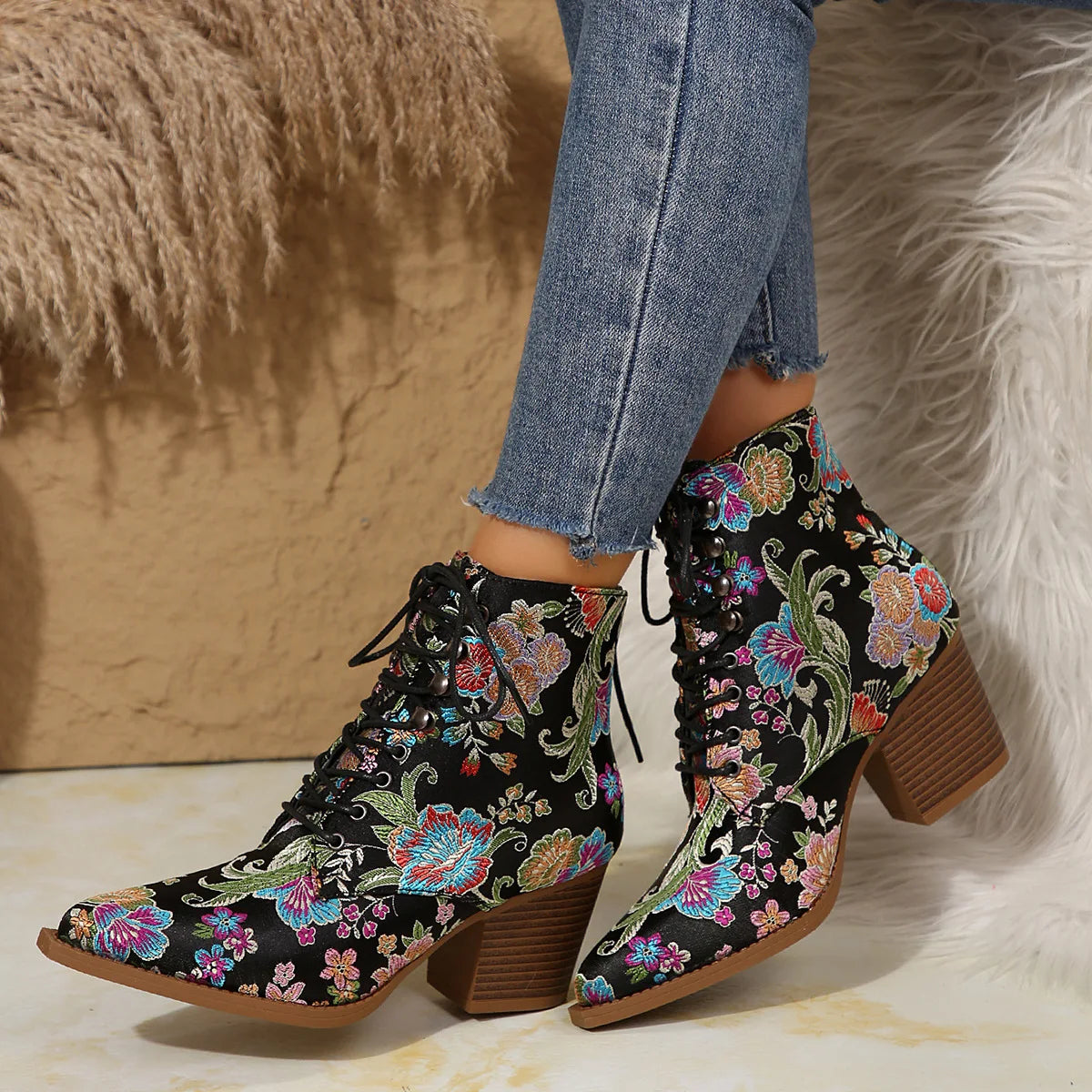 New Marie Antoinette Handmade Embroidered Ankle Boots