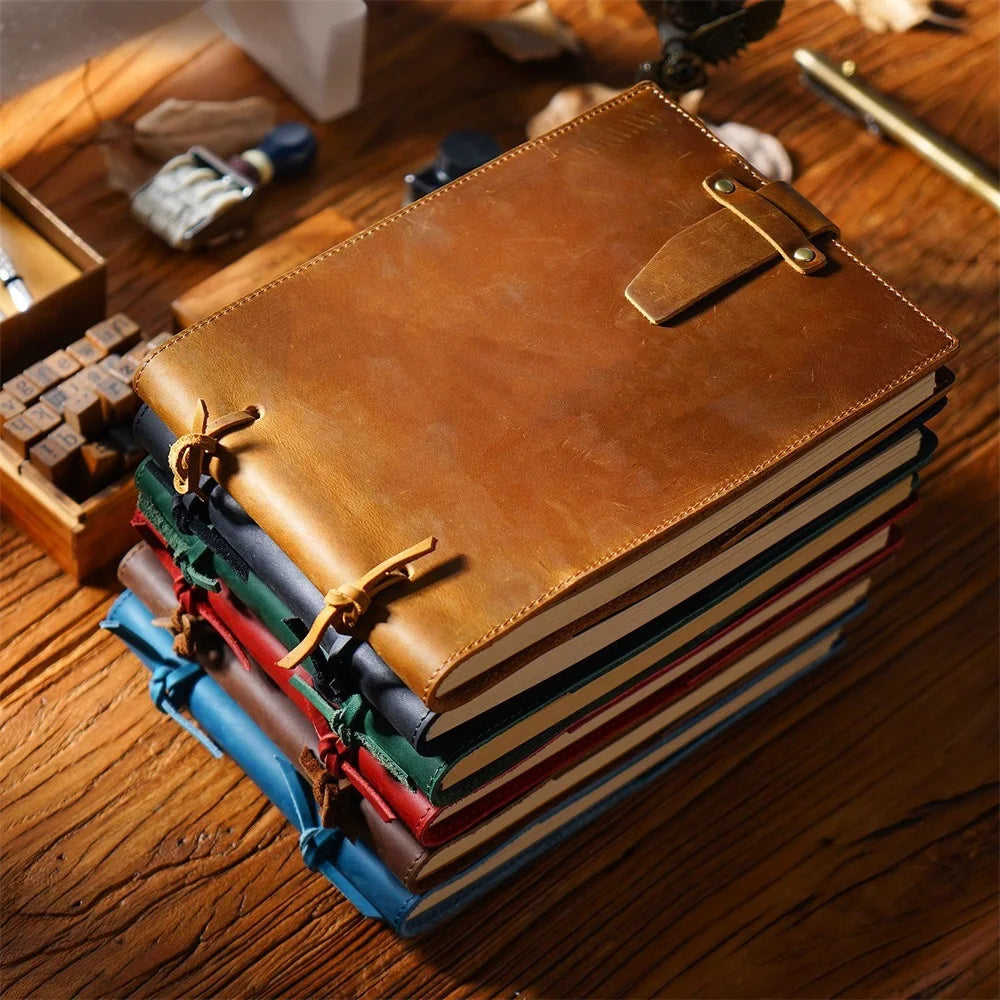 Stitched Genuine Leather Notebook 6 Colours Handmade Journal with Lock Blank Kraft Paper 200 Pages Sketchbook