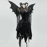 Gothic Black Devil Costume Set Lace Top Adjustable Corset with Irregular Skirt and Bat Wings for Halloween
