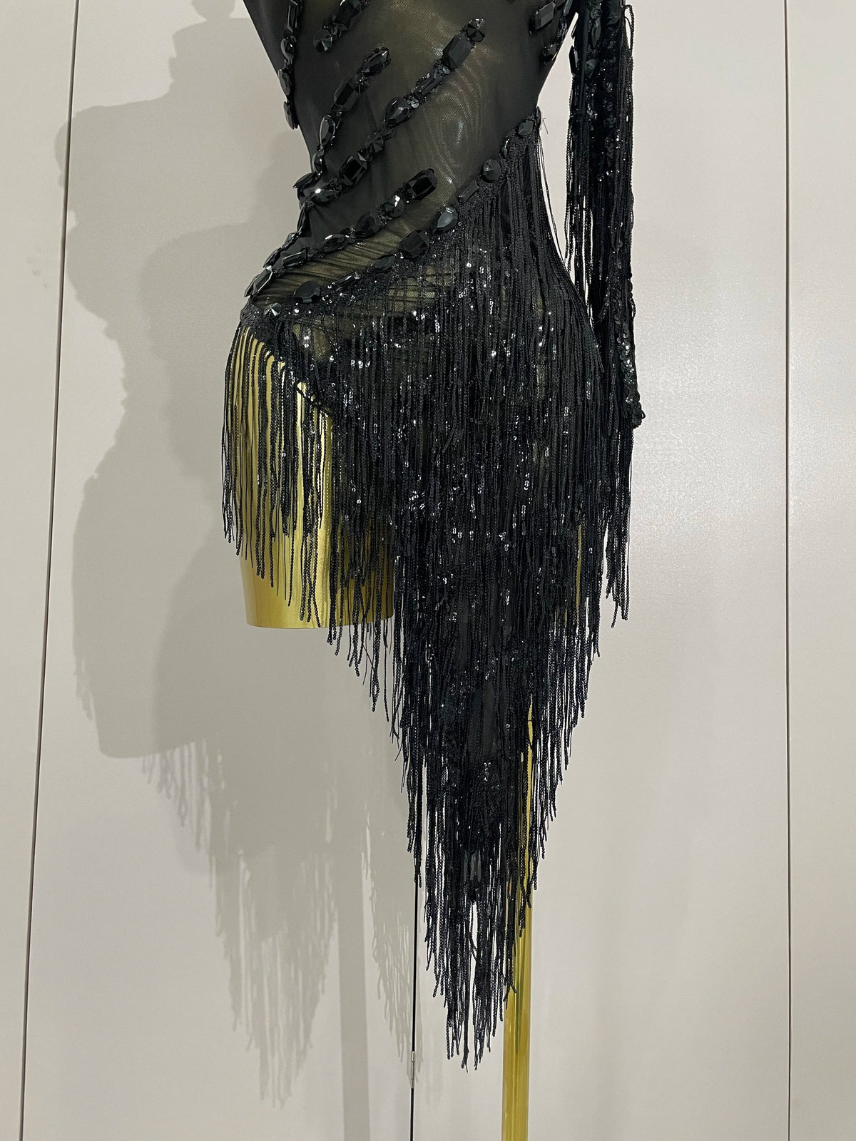 Sparkly Rhinestones Fringed Latin Dance Outfits Stage Performance Costume