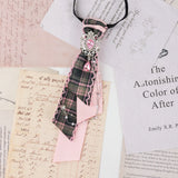 Dark Academia Jabot Plaid Short Necktie Rhinestone Brooch Pearl Chain