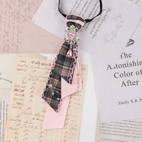 Dark Academia Jabot Plaid Short Necktie Rhinestone Brooch Pearl Chain