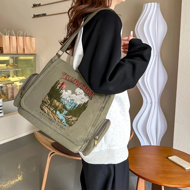 Yellowstone Print Canvas Shoulder Bag Crossbody Messenger Bag