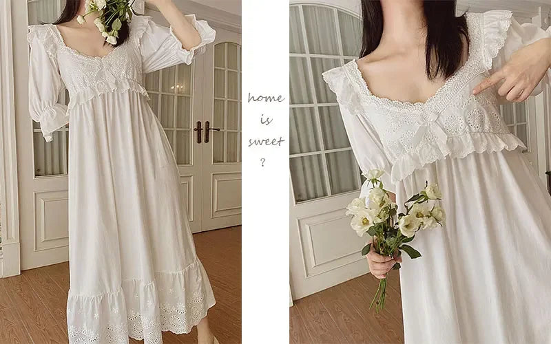 Summer Cotton Women's Sleepwear Antique French Style Lace Nightgown Nightdress
