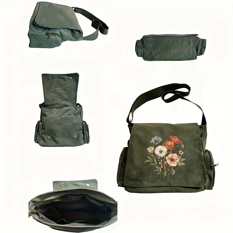 Poppies Print Canvas Shoulder Bag Crossbody Messenger Bag