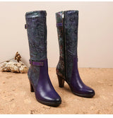 Purple Embossed Dragonfly Genuine Leather Long Boots