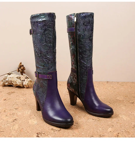 Purple Embossed Dragonfly Genuine Leather Long Boots