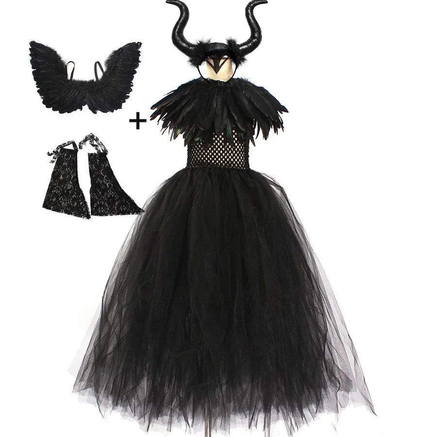 Girls Maleficent Black Tutu Halloween Costume with Feather Shawl