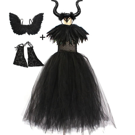 Girls Maleficent Black Tutu Halloween Costume with Feather Shawl