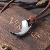 Viking Wolf Fang Stainless Steel Pendant Necklace For Men with Wooden Gift Box