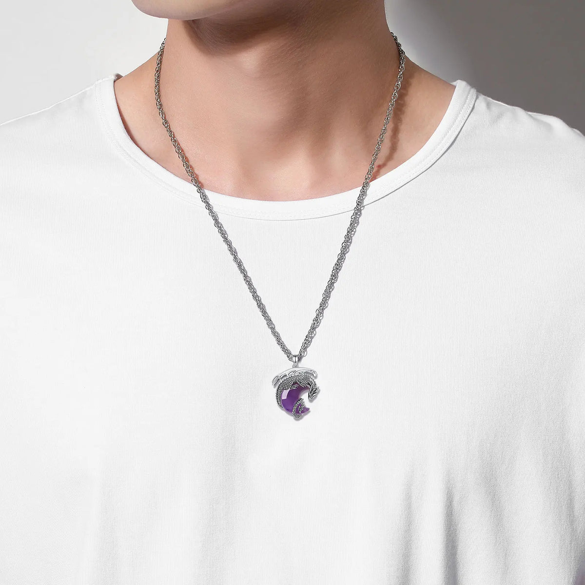 Dragon Crescent Moon Natural Amethyst Crystal Necklace Pendant