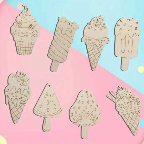 16Pcs Icecream Wooden Crafts Project Unpainted Hanging Ornaments Kids DIY Painting Gifts