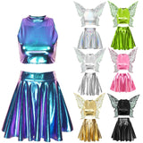 Festival Fairy Cosplay Costume Sleeveless Crop Top, High Waist Flared Skirt And Butterfly Wings Set