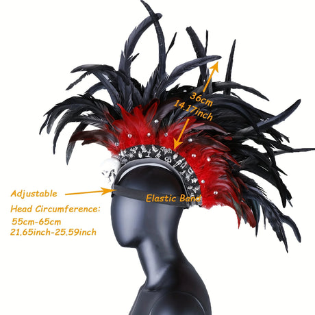 Gothic Punk Rock Skull Spider Mohawk Headband with Rhinestones Halloween Feathered Costume