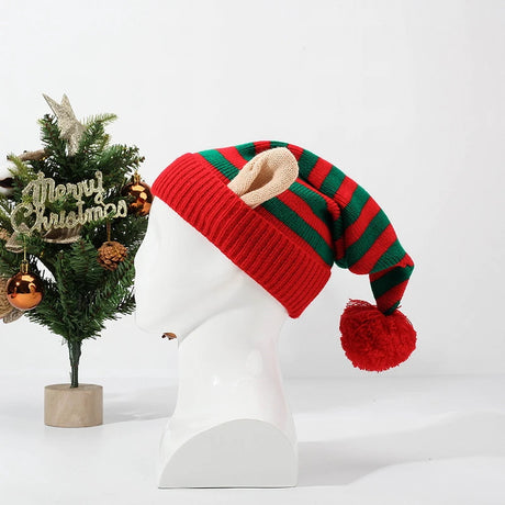 Christmas Elf Striped Beanies Hat Knitted Xmas Cap with Small Ears for Women Men