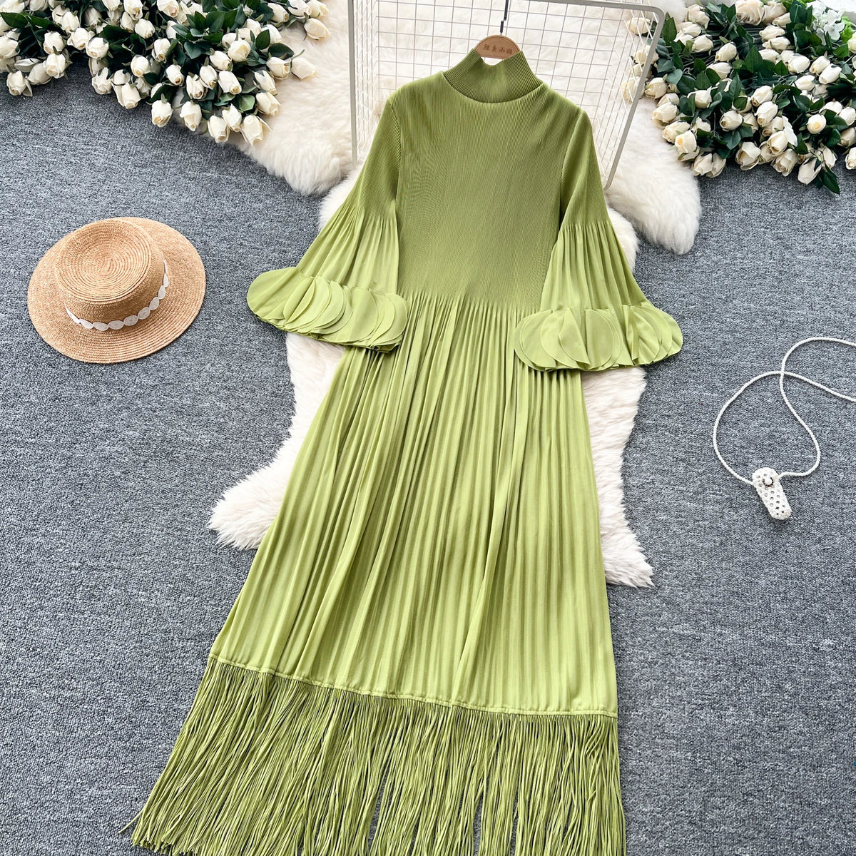 Petal Sleeves Pleated Tassel Dress Eight Colours