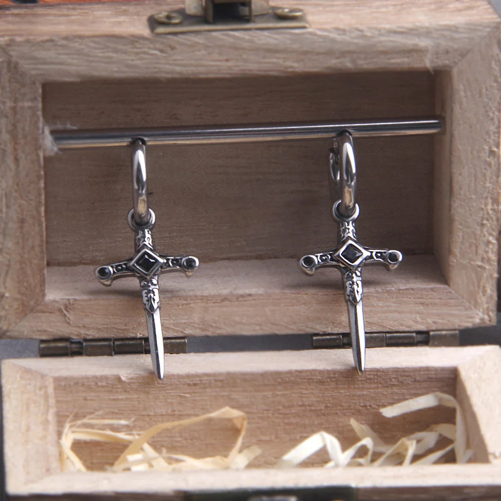 Gothic Dagger Sword Stainless Steel Huggie Hoop Earrings for Men with Wooden Box