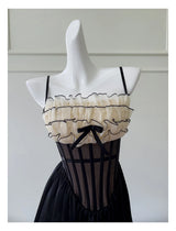 Justine's French Black Lace Sling Spliced Ruffles Bandage Backless Dress
