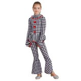 Kids Girls Halloween Harlequin Circus Clown Cosplay Costume Pom Poms Checkerboard Jumpsuit