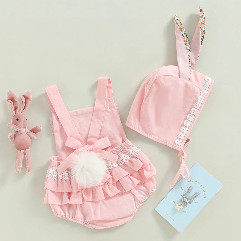 Baby Bunny Romper Rabbit Ears Overalls Bodysuit Playsuits Easter Day Outfit Costume with Hat