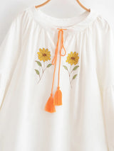 Sweet As Sunshine Vintage Sun and Floral Embroidered Linen Cotton Shirts Boho Tassel Blouse