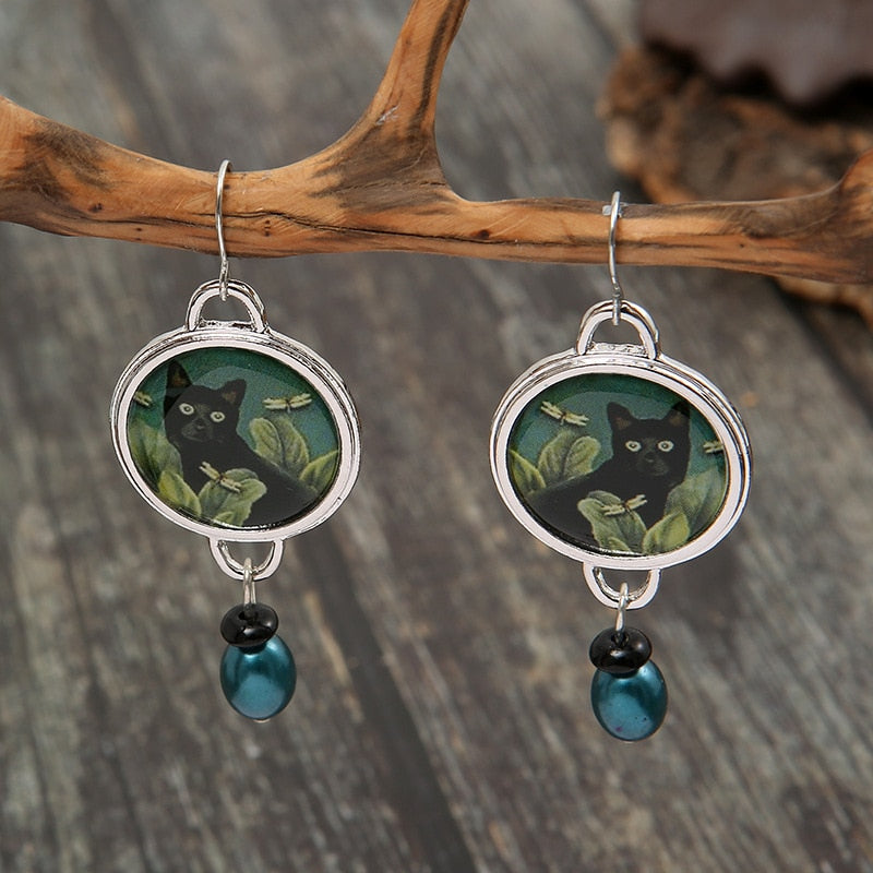 Black Cat & Dragonflies Earrings