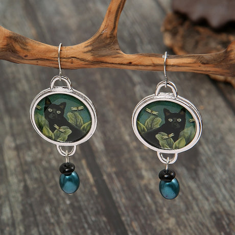 Black Cat & Dragonflies Earrings