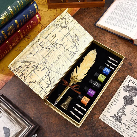 Golden Feather Quill Pens Set Dip Fountain Pens Ink Stationery Writing Gift Box Sets