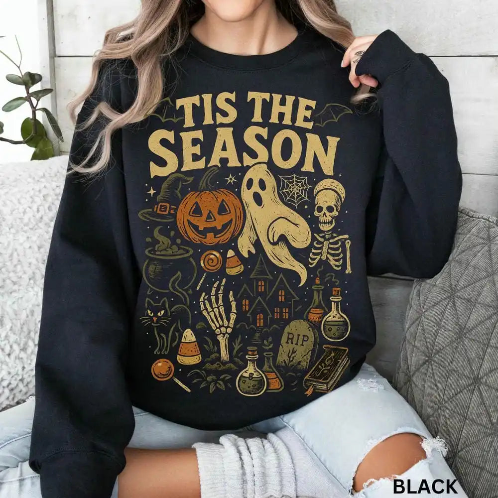 Halloween Sweatshirt Tis' the Season Pumpkin Ghost Fleece Sweater Pullover Jumper