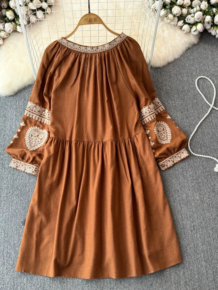 Georgia's Embroidered Boho Cotton Linen Long Sleeves Mini Dress