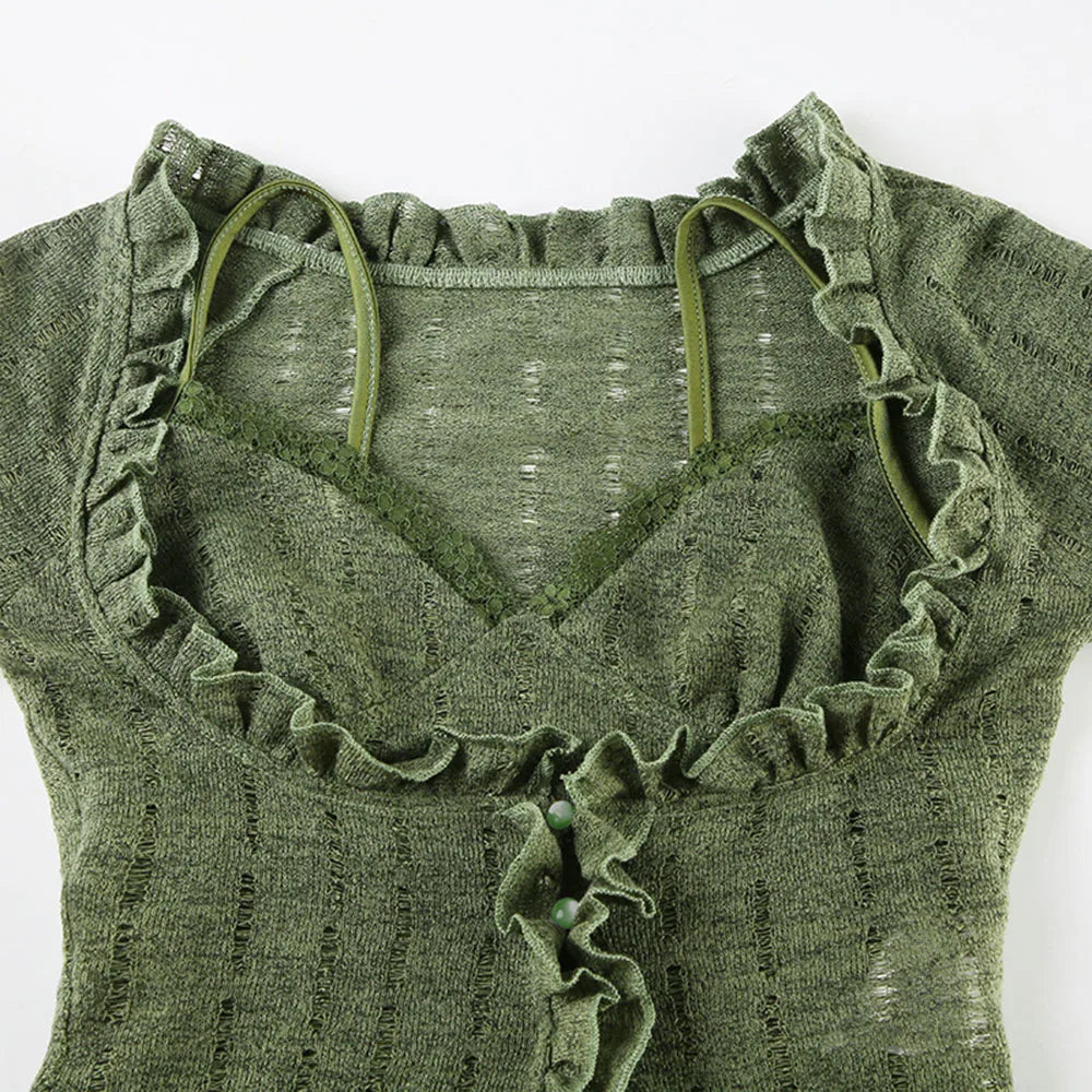 Y2k Dark Green Long Sleeved Ruffle Top Matching Skirt Goblincore