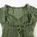 Y2k Dark Green Long Sleeved Ruffle Top Matching Skirt Goblincore