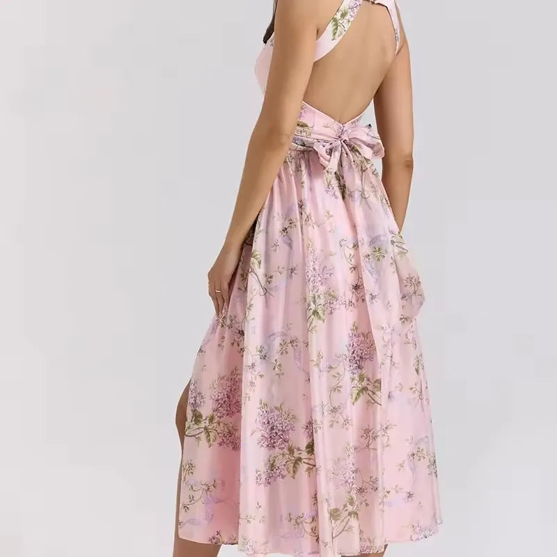 Ceony's Pink Floral Backless Halter Neck Dress