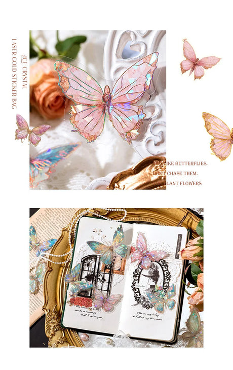 20pcs Ice Crystal Laser Butterfly PET Stickers DIY Scrapbooking Junk Journaling