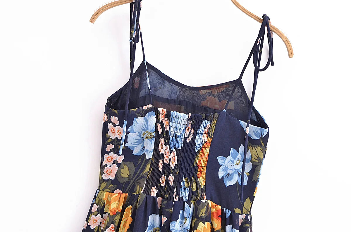 Sharona's Navy Blue Floral Print Spaghetti Strap Dress