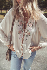 Gracie's Boho Blouses Floral Embroidery Button Down White Long-sleeved Shirt