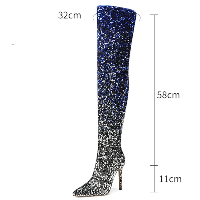 Galaxy Thigh High Boots Gradient Sequin Stretch Boots 11CM Heels