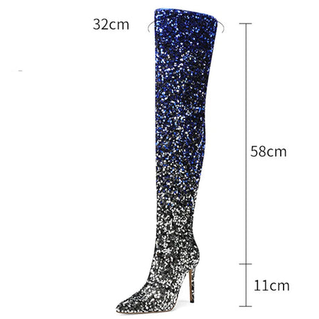 Galaxy Thigh High Boots Gradient Sequin Stretch Boots 11CM Heels