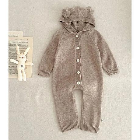 Baby and Toddler Knitted Romper Bear Bunny Ear Hooded Jumpsuits for Boys Girls