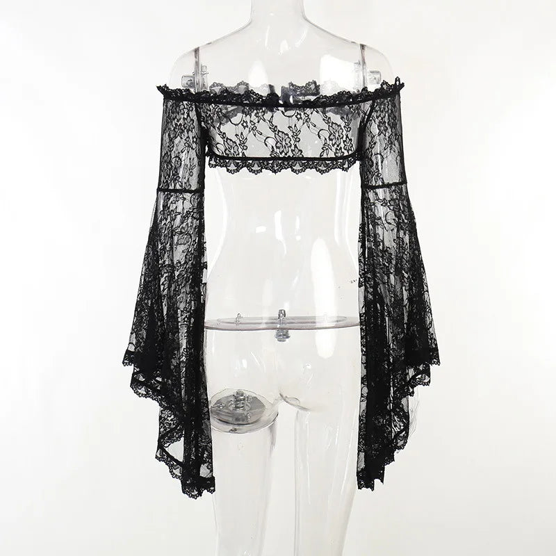 Dark Gothic Lace Long Flare Sleeve Overlay Shrug