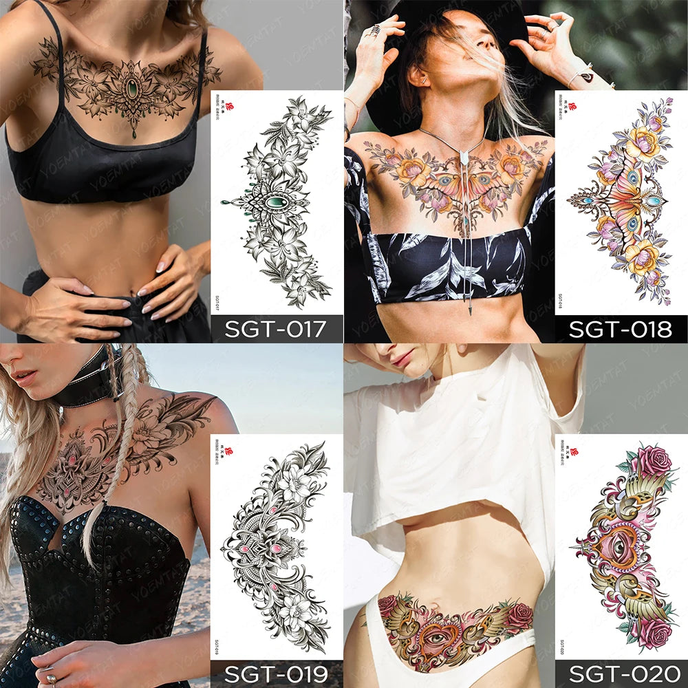 Large Body Art Collar Waist Shoulder Back Temporary Tattoos