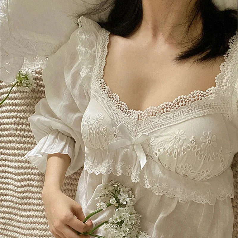 Summer Cotton Women's Sleepwear Antique French Style Lace Nightgown Nightdress