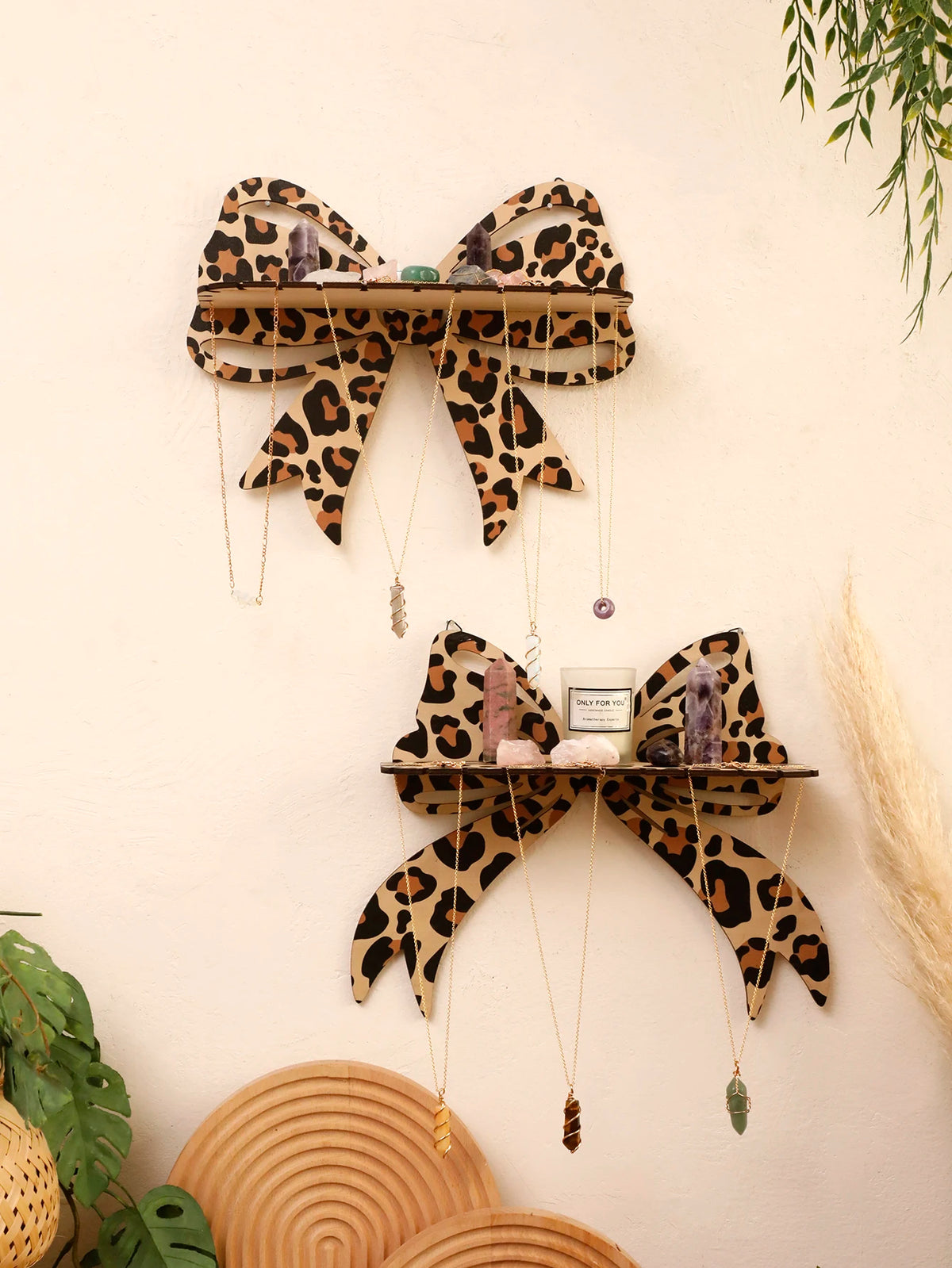 Leopard Print Bow Wall Shelf Wooden Jewellery Display Shelves