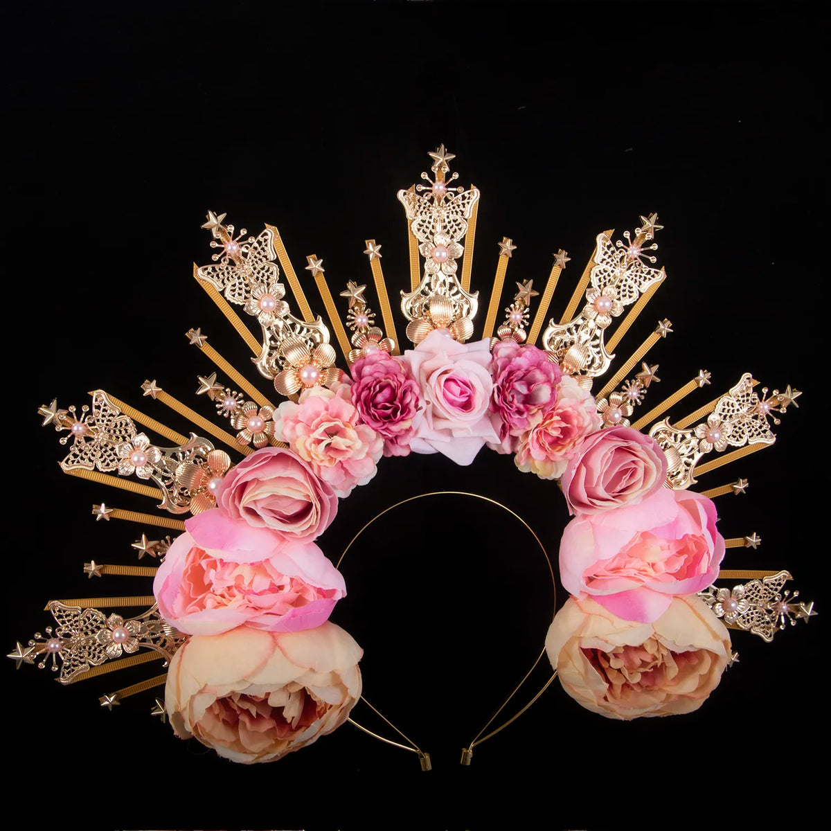 Pink Rose Pearls Sun Crown Headpiece Gothic Goddess Halo Headband