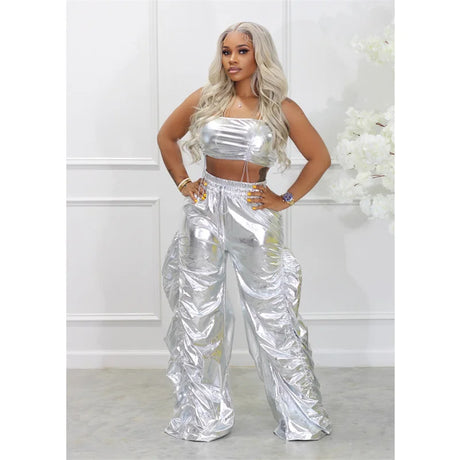 Gold Sliver Metallic Two Piece Sets Crop Top and Pants Streetwear Hip Hop Rave Festival Outfit