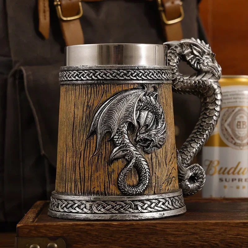 Dragon Beer Mug Coffee Cup Stainless Steel Resin Wooden Barrel Drinkware 600ml