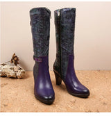 Purple Embossed Dragonfly Genuine Leather Long Boots
